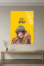 "Peace Bro" Yazılı Gözlüklü ve Bereli Havalı Maymun Cam Tablo