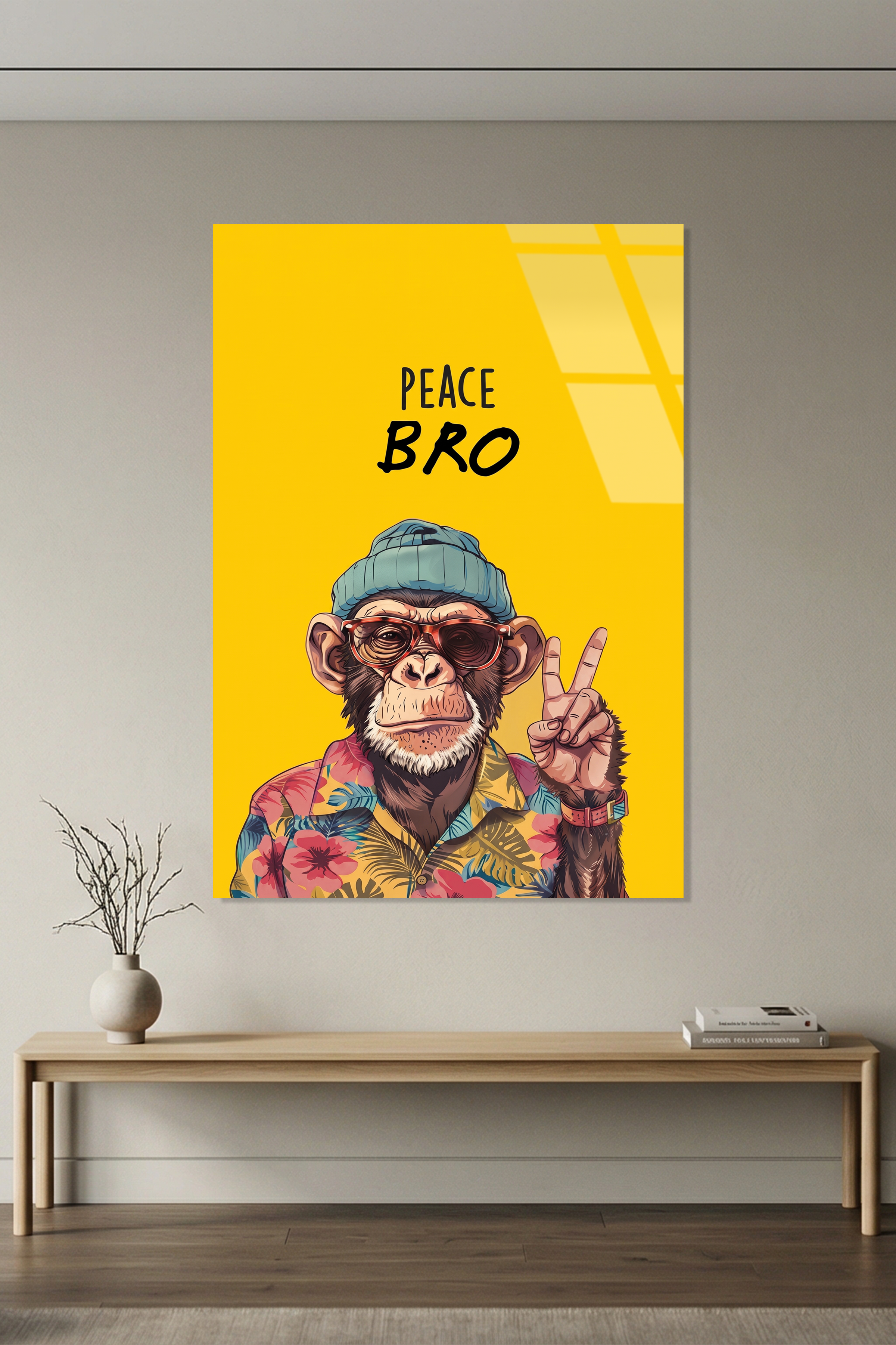 "Peace Bro" Yazılı Gözlüklü ve Bereli Havalı Maymun Cam Tablo
