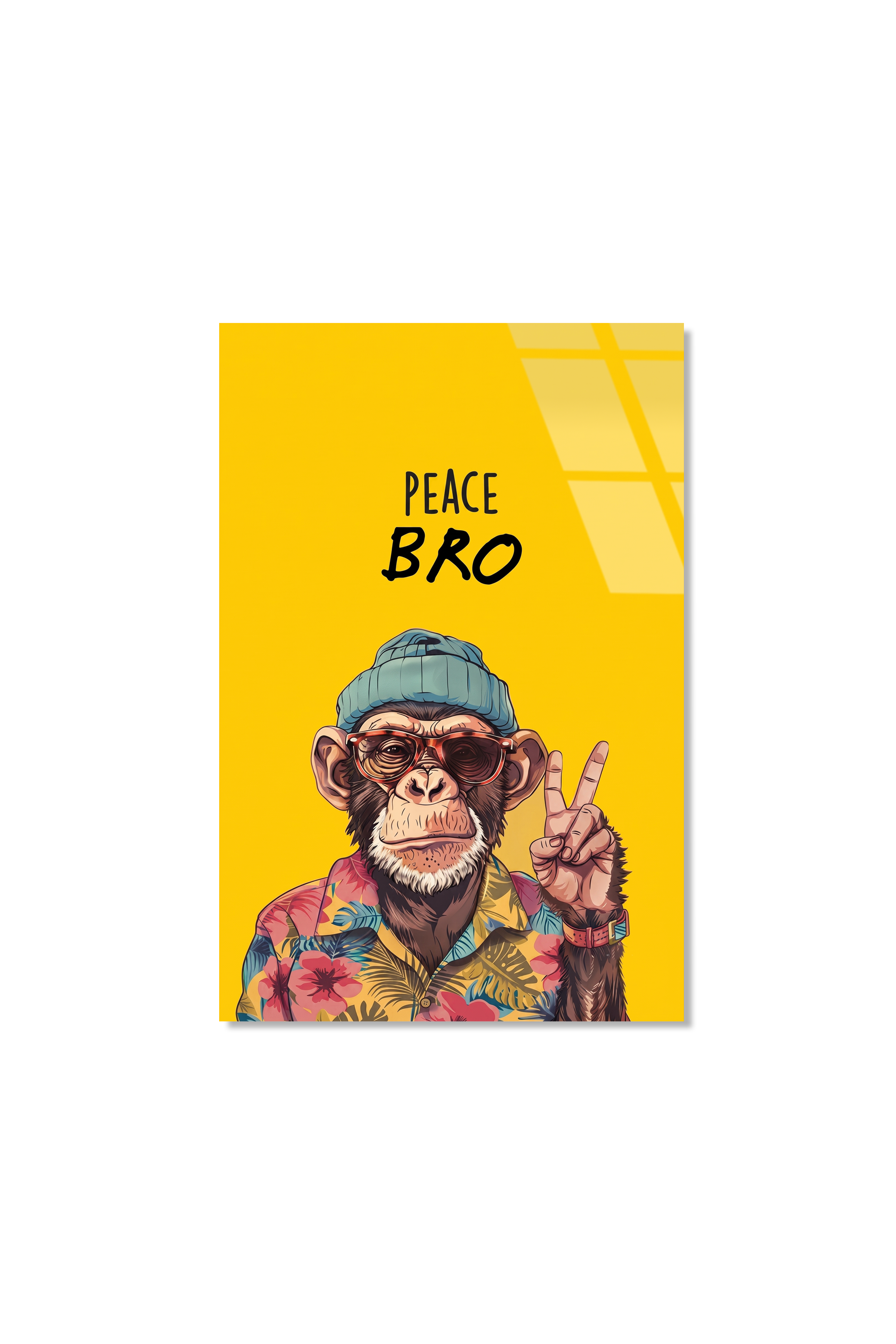 "Peace Bro" Yazılı Gözlüklü ve Bereli Havalı Maymun Cam Tablo