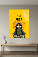 "Peace Bro" Yazılı Yoga Yapan Gözlüklü Kapüşonlu Kedi Cam Tablo