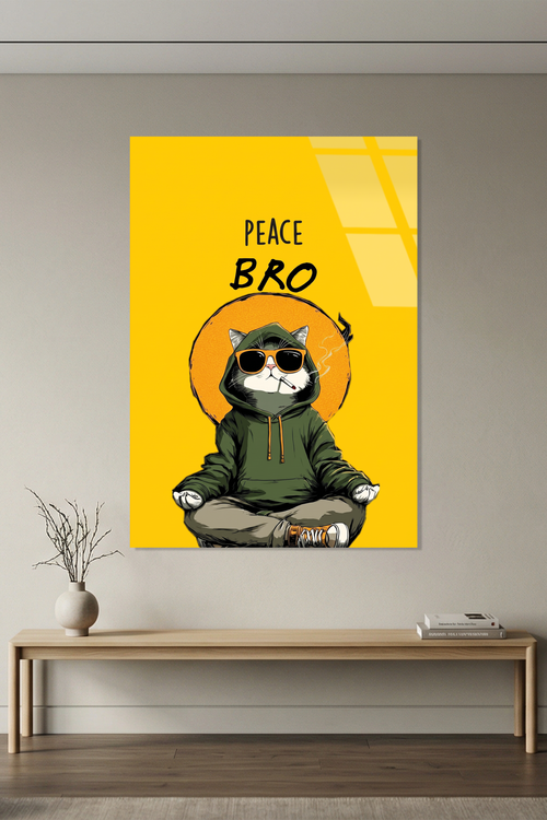 "Peace Bro" Yazılı Yoga Yapan Gözlüklü Kapüşonlu Kedi Cam Tablo