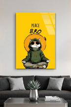 "Peace Bro" Yazılı Yoga Yapan Gözlüklü Kapüşonlu Kedi Cam Tablo