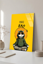 "Peace Bro" Yazılı Yoga Yapan Gözlüklü Kapüşonlu Kedi Cam Tablo