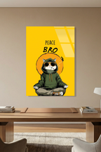 "Peace Bro" Yazılı Yoga Yapan Gözlüklü Kapüşonlu Kedi Cam Tablo