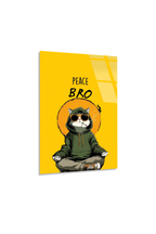"Peace Bro" Yazılı Yoga Yapan Gözlüklü Kapüşonlu Kedi Cam Tablo