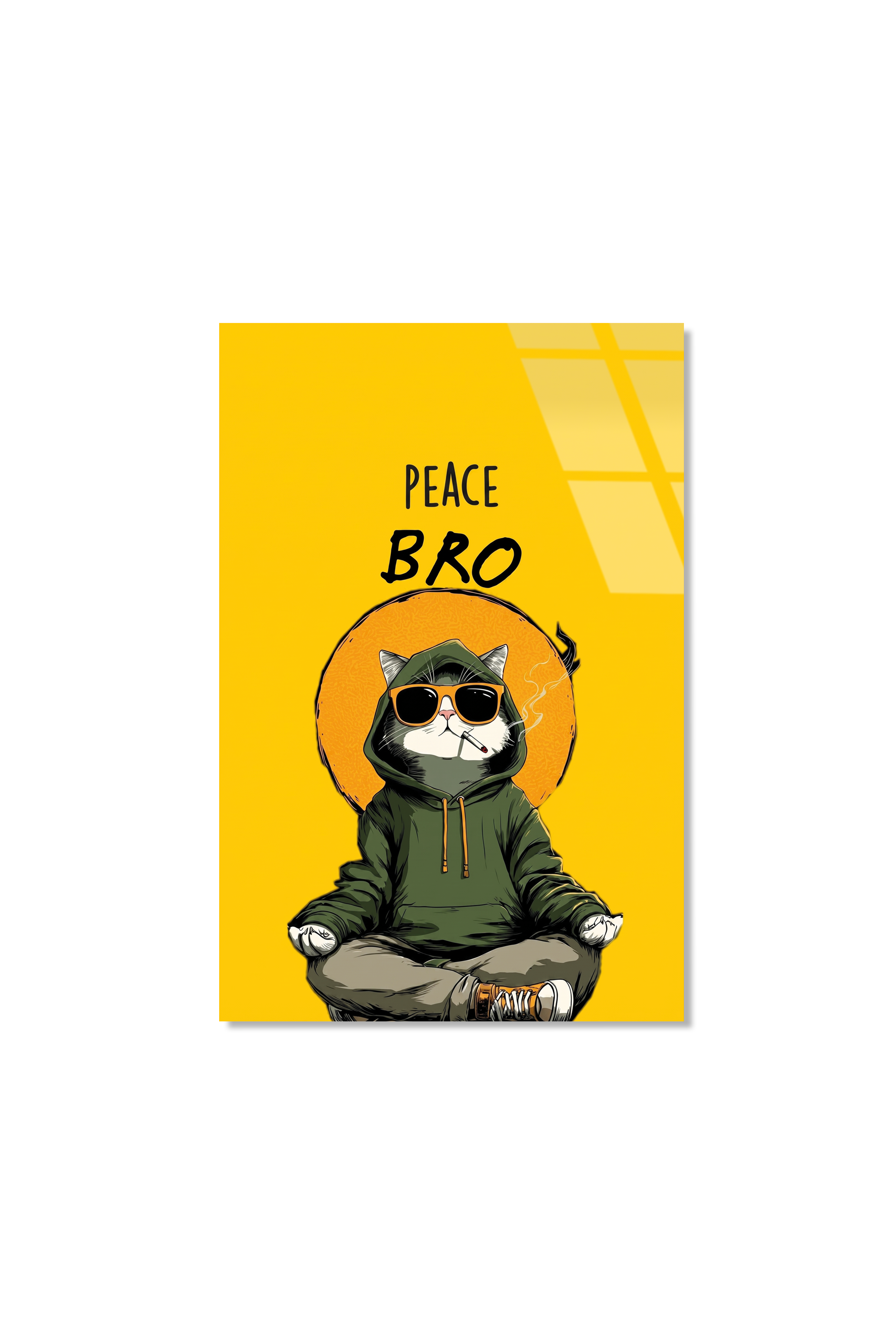 "Peace Bro" Yazılı Yoga Yapan Gözlüklü Kapüşonlu Kedi Cam Tablo