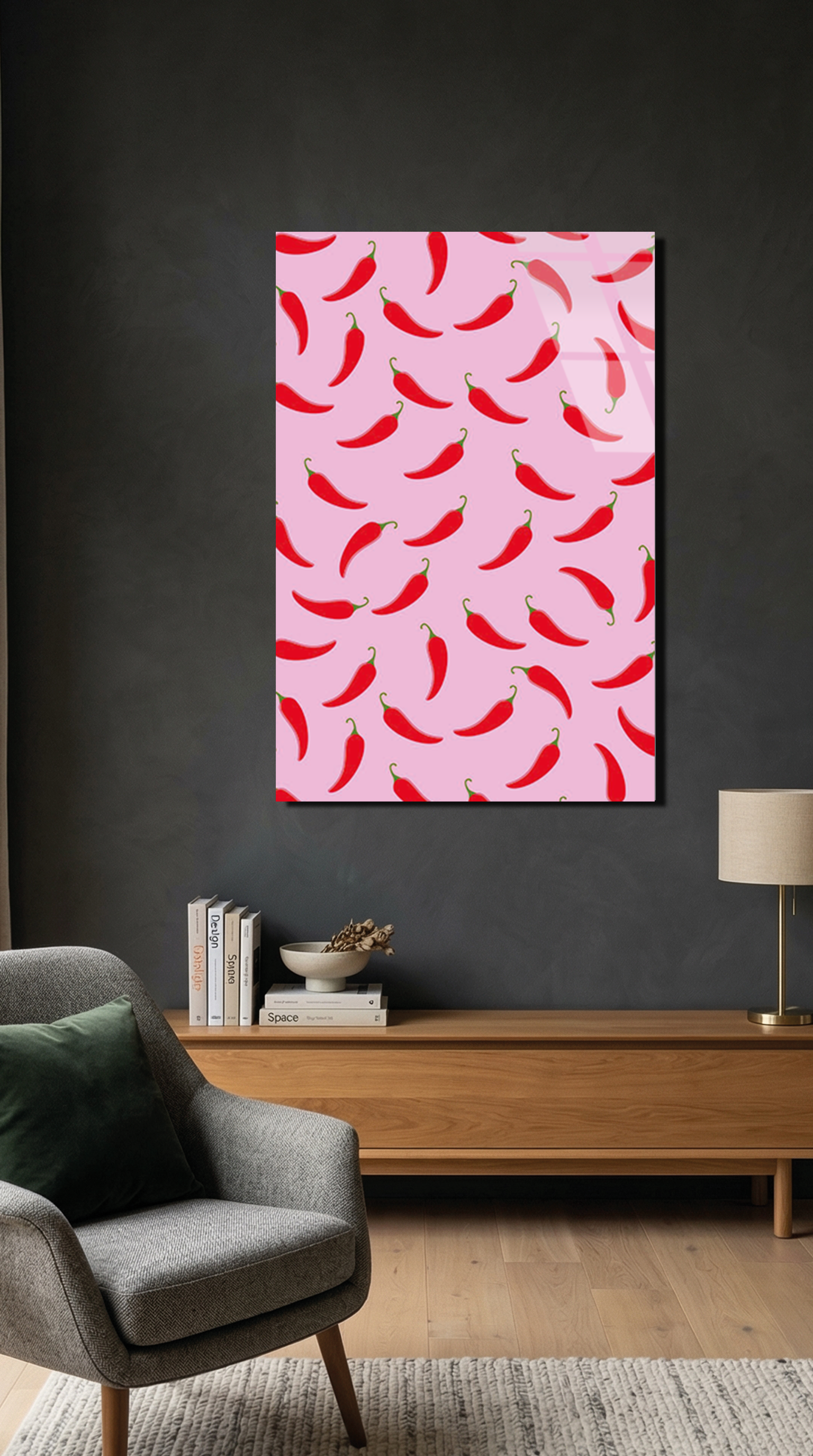 Pembe Acılı Biber Desenli Cam Tablo | Vitraum