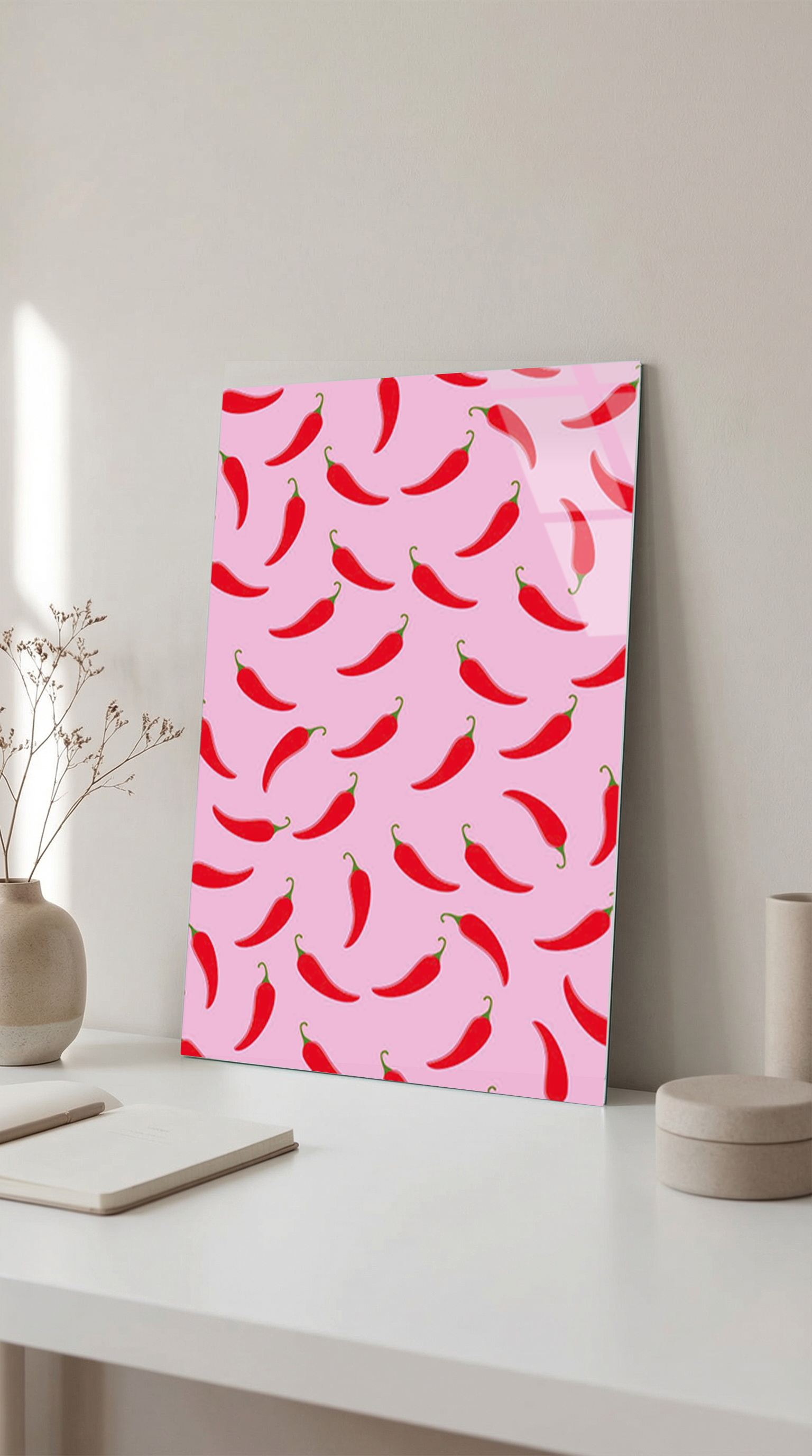Pembe Acılı Biber Desenli Cam Tablo | Vitraum