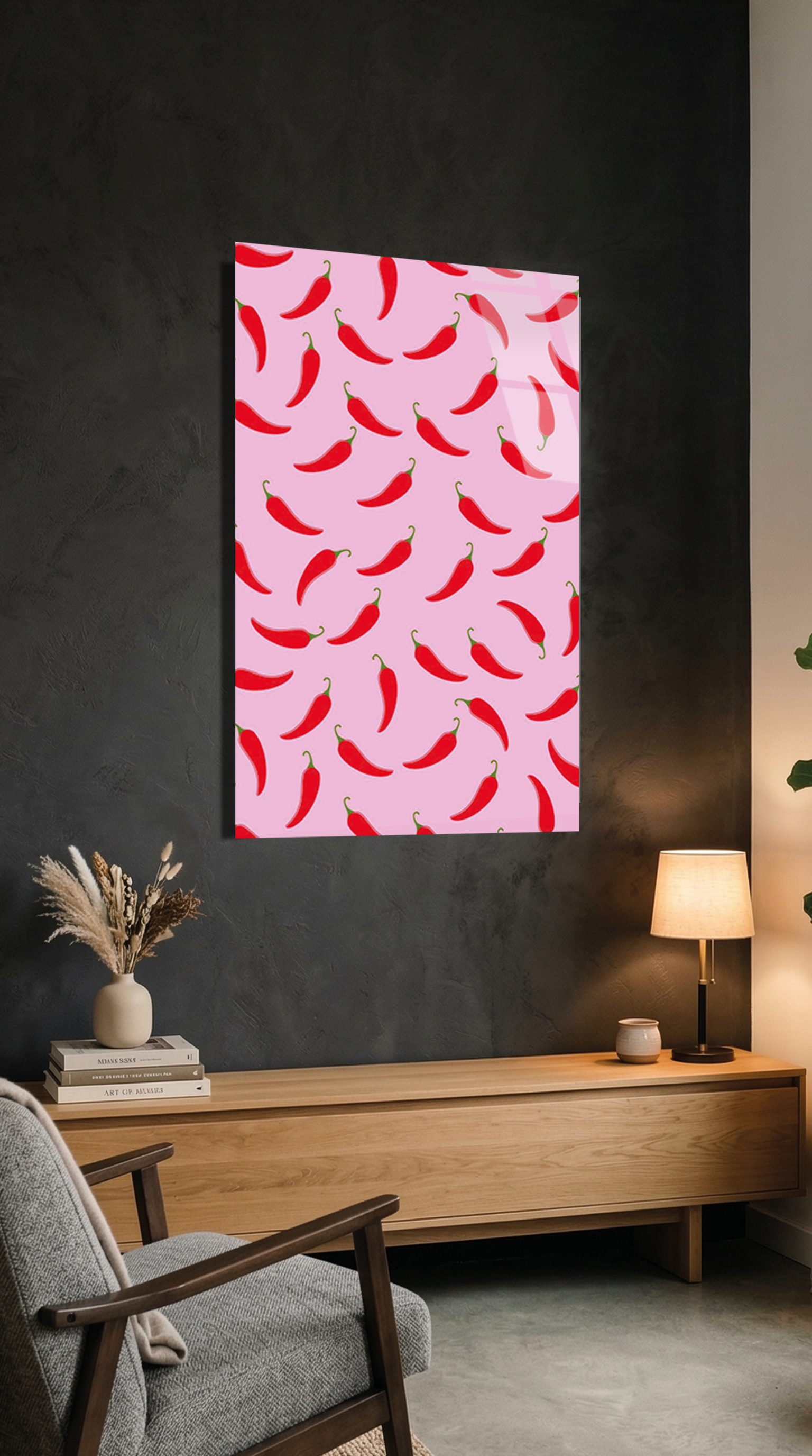Pembe Acılı Biber Desenli Cam Tablo | Vitraum