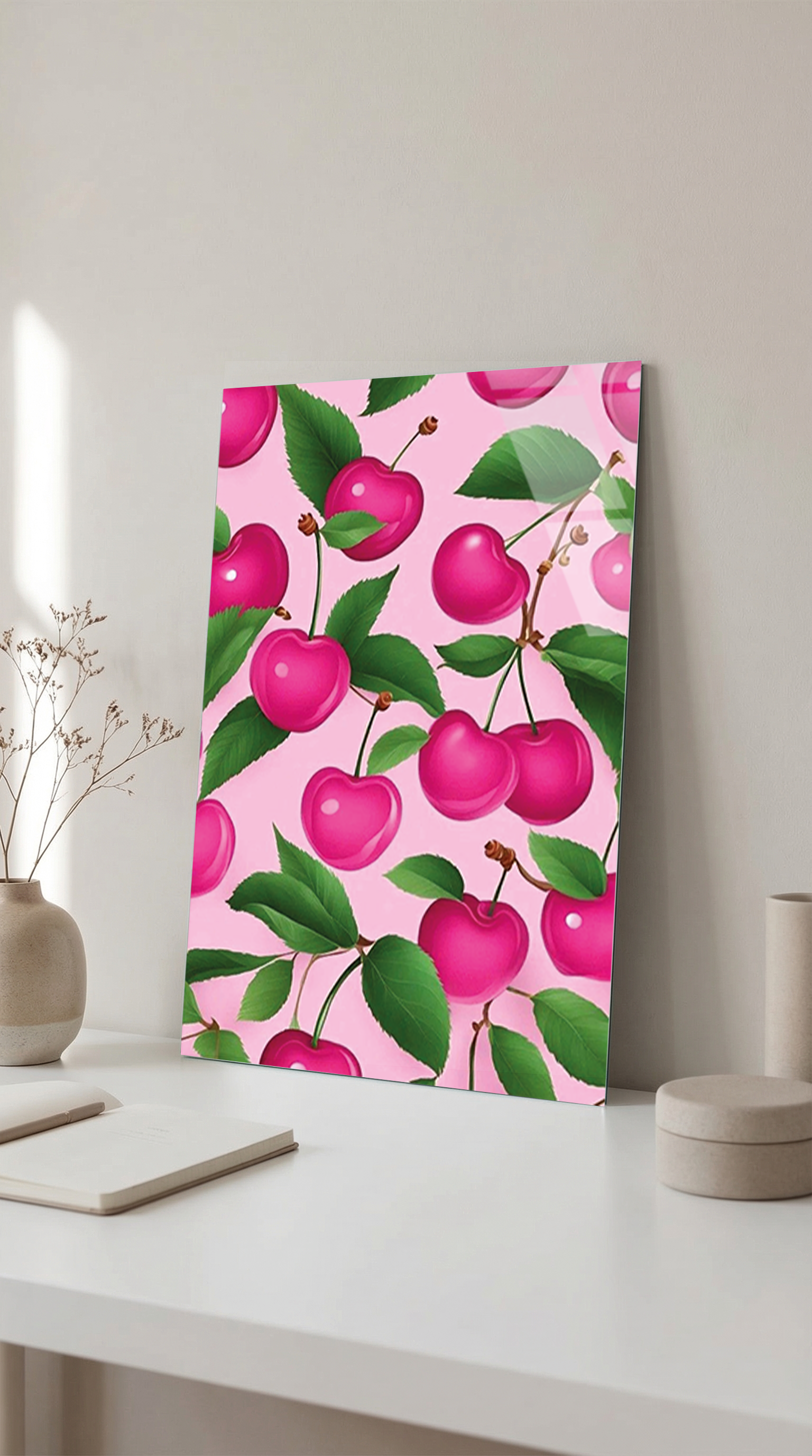 Pembe Çiçekli Dallar Bahar Temalı Cam Tablo | Vitraum