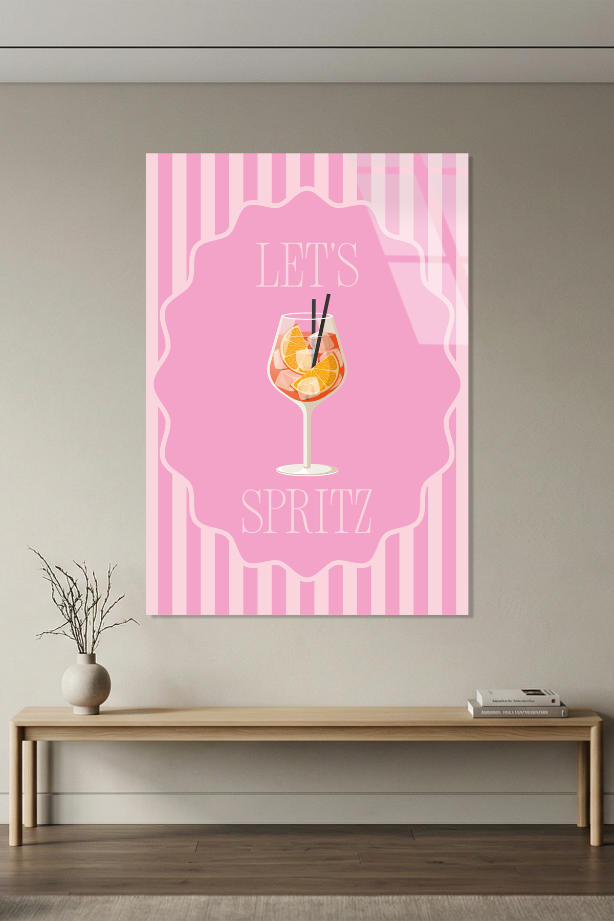Pembe Çizgili "Let's Spritz" Kokteyl Temalı Cam Tablo