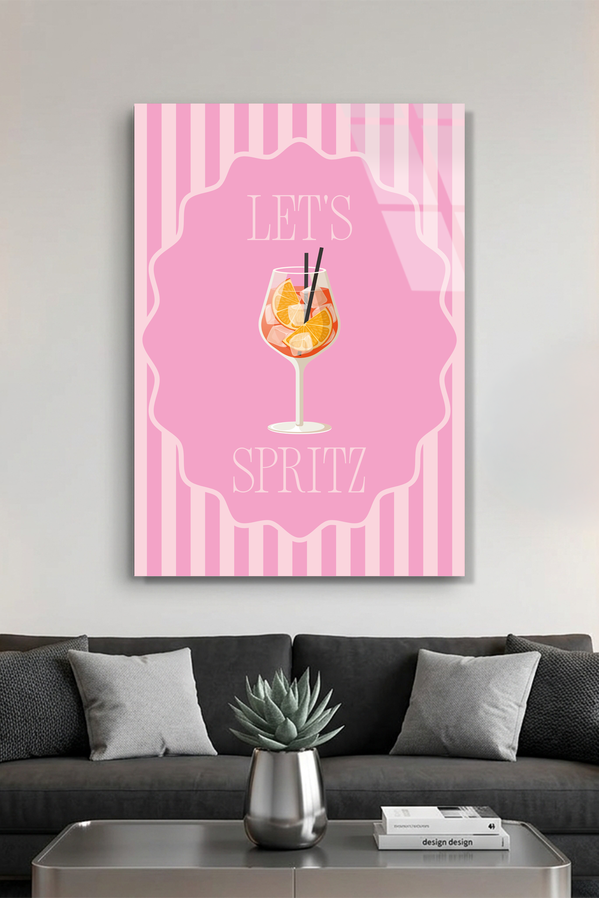 Pembe Çizgili "Let's Spritz" Kokteyl Temalı Cam Tablo