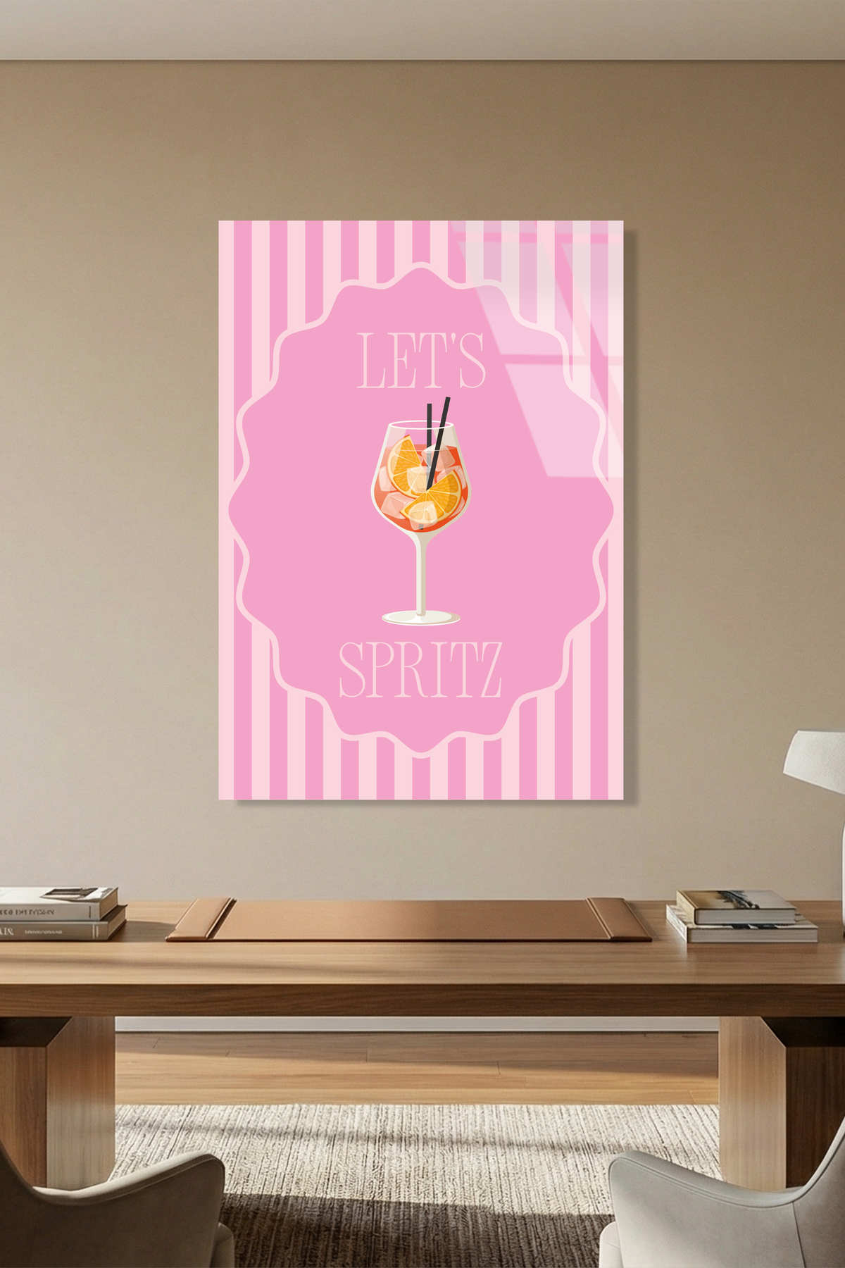 Pembe Çizgili "Let's Spritz" Kokteyl Temalı Cam Tablo