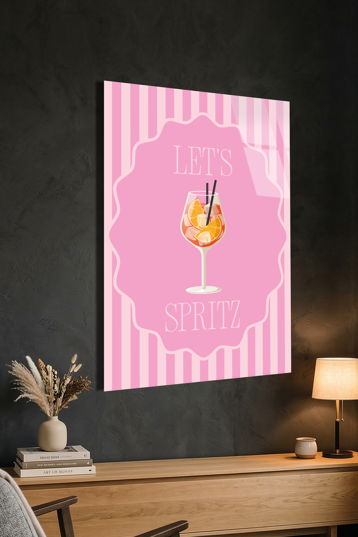 Pembe Çizgili "Let's Spritz" Kokteyl Temalı Cam Tablo