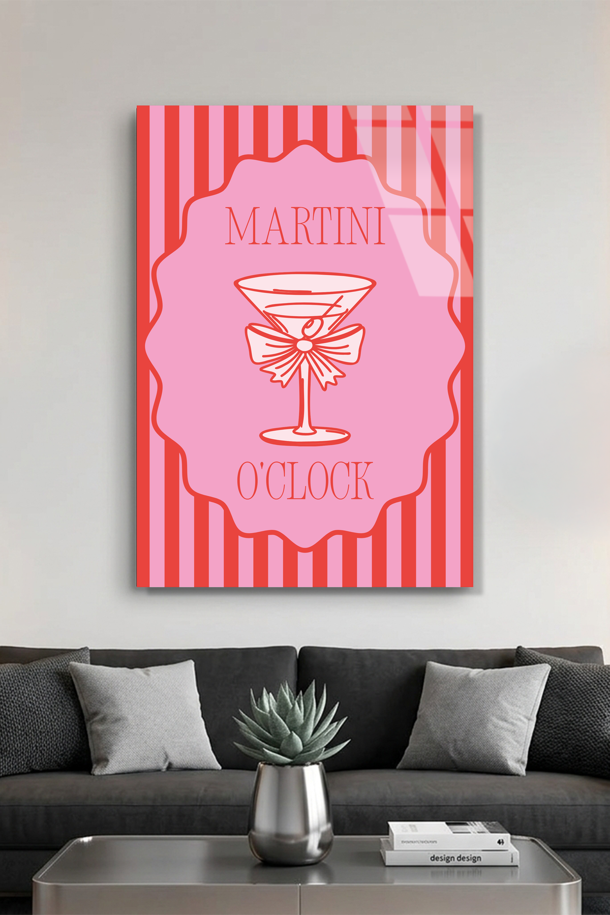 Pembe Çizgili "Martini O'Clock" Kokteyl Cam Tablo