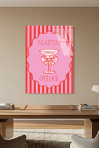 Pembe Çizgili "Martini O'Clock" Kokteyl Cam Tablo