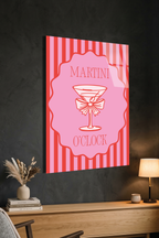 Pembe Çizgili "Martini O'Clock" Kokteyl Cam Tablo