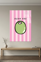 Pembe Çizgili "Olive You" Zeytin İllüstrasyonlu Cam Tablo