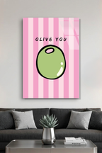 Pembe Çizgili "Olive You" Zeytin İllüstrasyonlu Cam Tablo