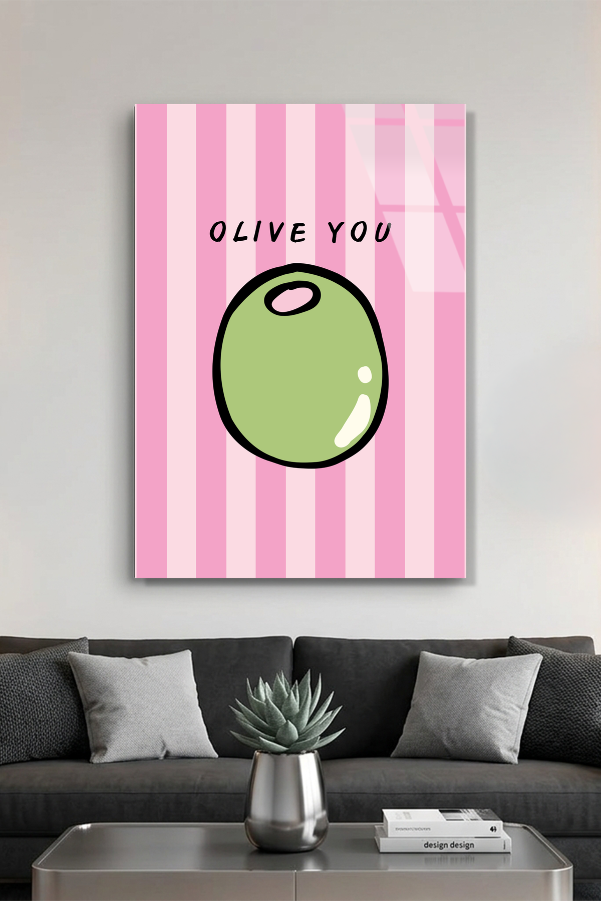 Pembe Çizgili "Olive You" Zeytin İllüstrasyonlu Cam Tablo