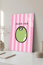 Pembe Çizgili "Olive You" Zeytin İllüstrasyonlu Cam Tablo
