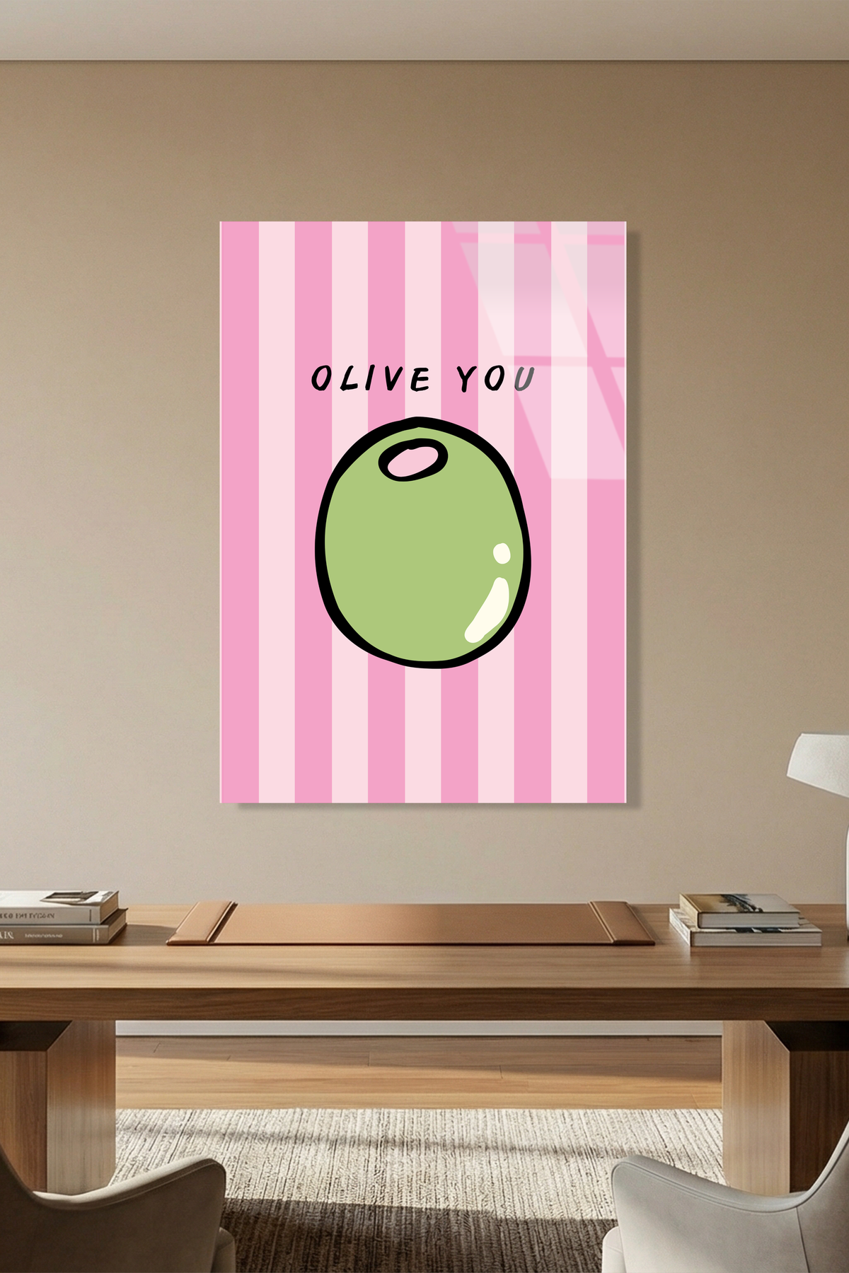 Pembe Çizgili "Olive You" Zeytin İllüstrasyonlu Cam Tablo