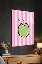 Pembe Çizgili "Olive You" Zeytin İllüstrasyonlu Cam Tablo