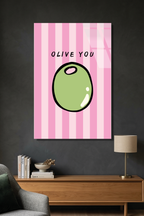 Pembe Çizgili "Olive You" Zeytin İllüstrasyonlu Cam Tablo
