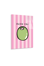 Pembe Çizgili "Olive You" Zeytin İllüstrasyonlu Cam Tablo