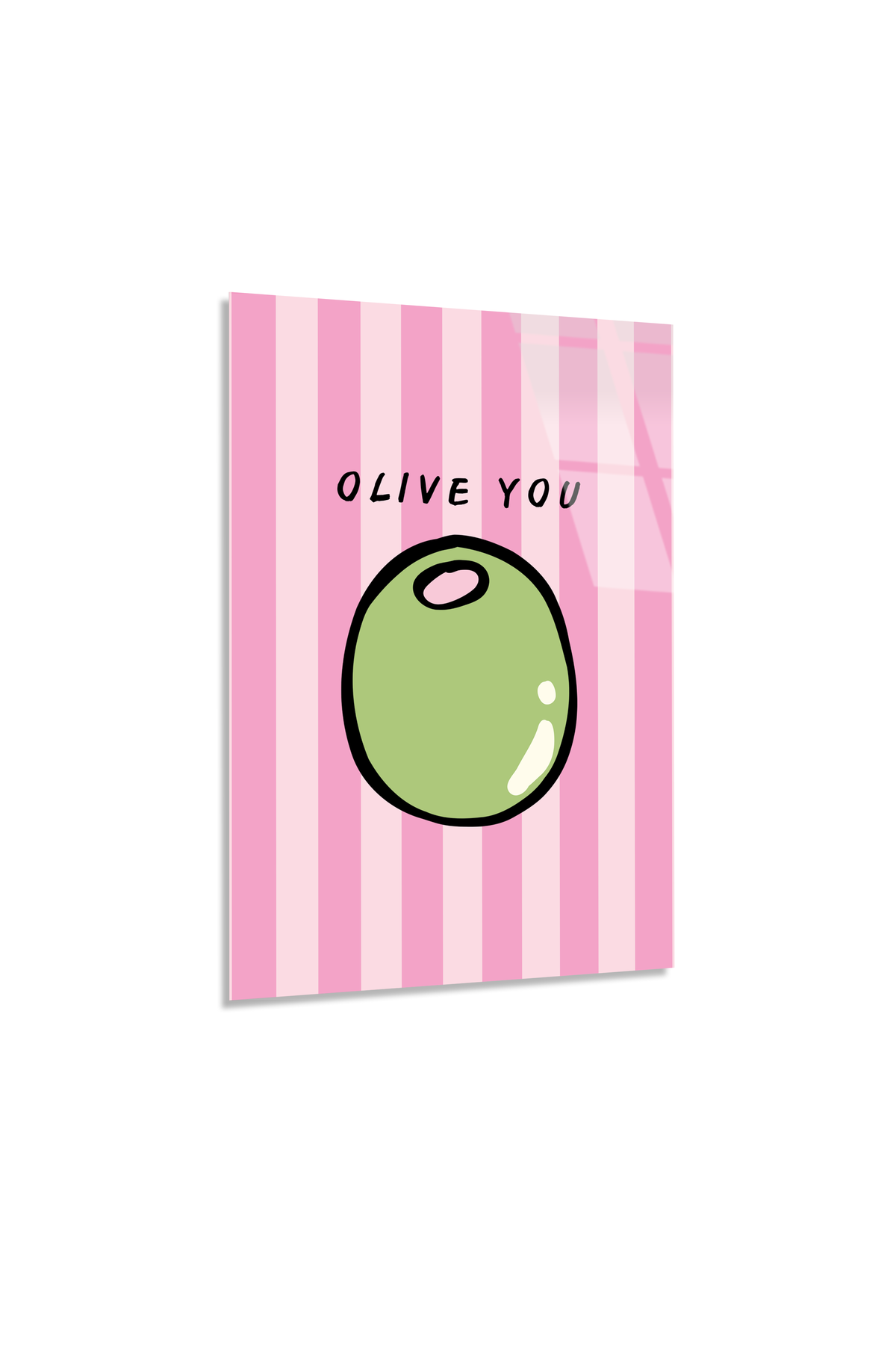 Pembe Çizgili "Olive You" Zeytin İllüstrasyonlu Cam Tablo