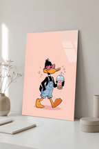 Pembe Gözlüklü Retro Ördek Karakteri Boba Tea Cam Tablo