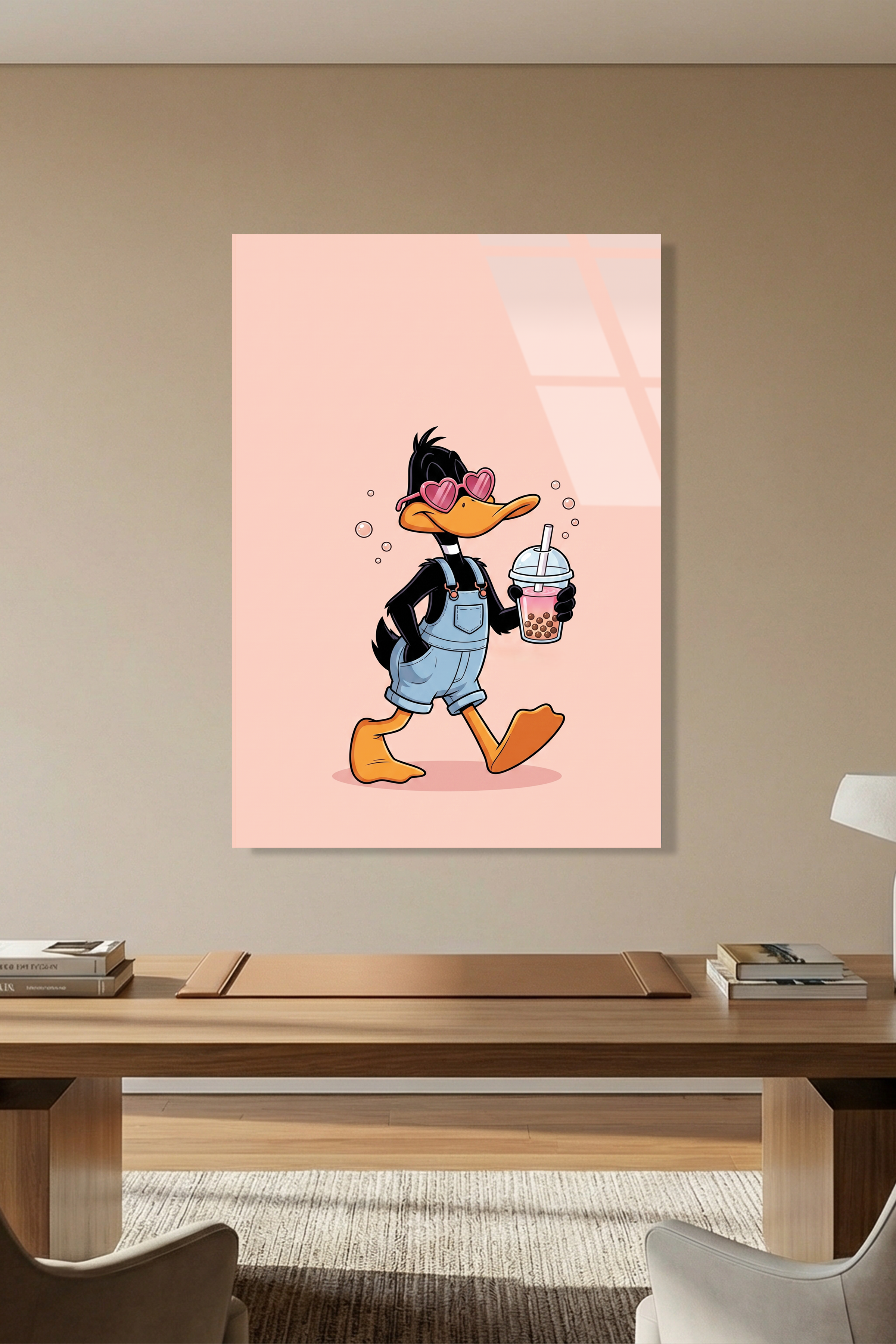 Pembe Gözlüklü Retro Ördek Karakteri Boba Tea Cam Tablo