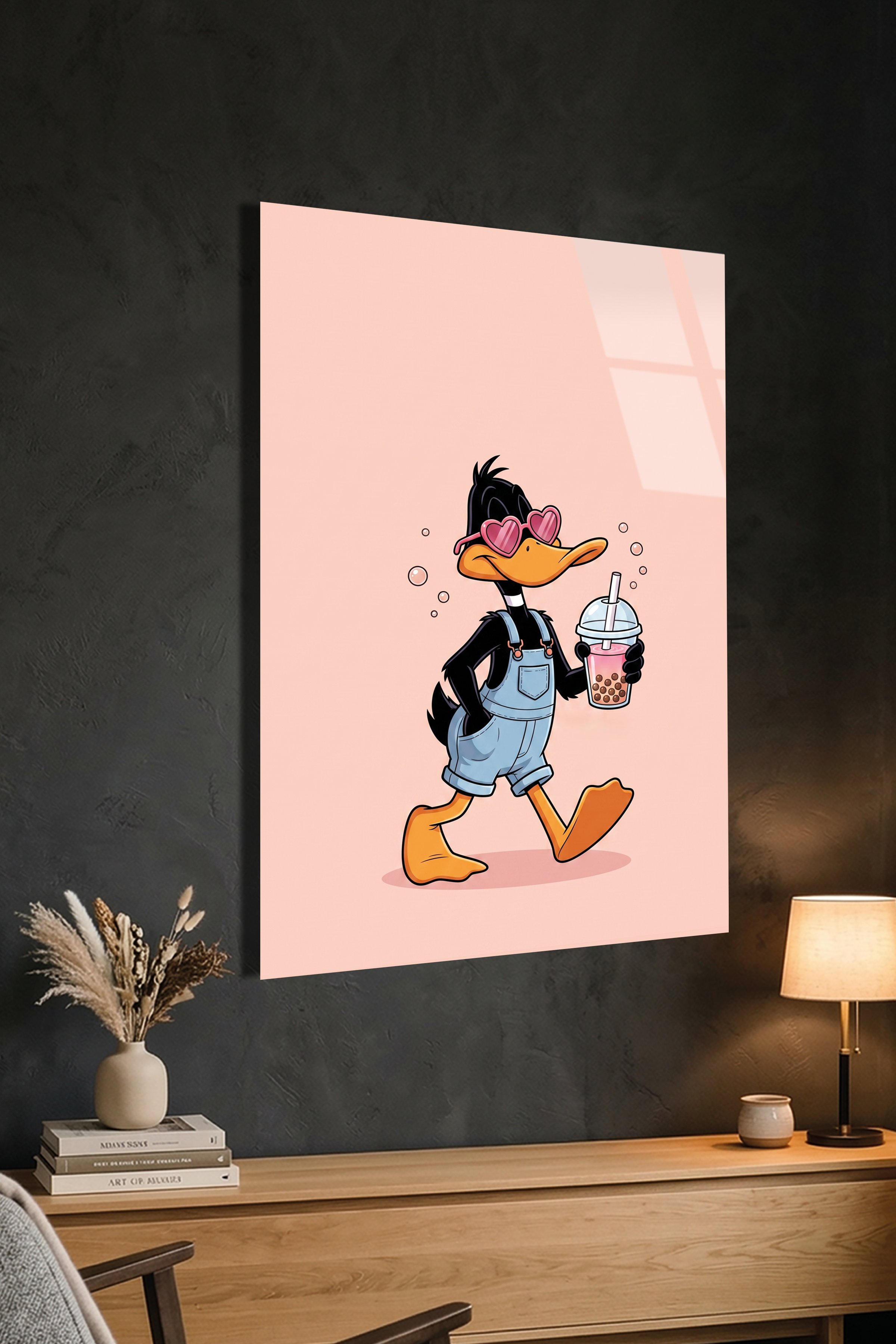 Pembe Gözlüklü Retro Ördek Karakteri Boba Tea Cam Tablo