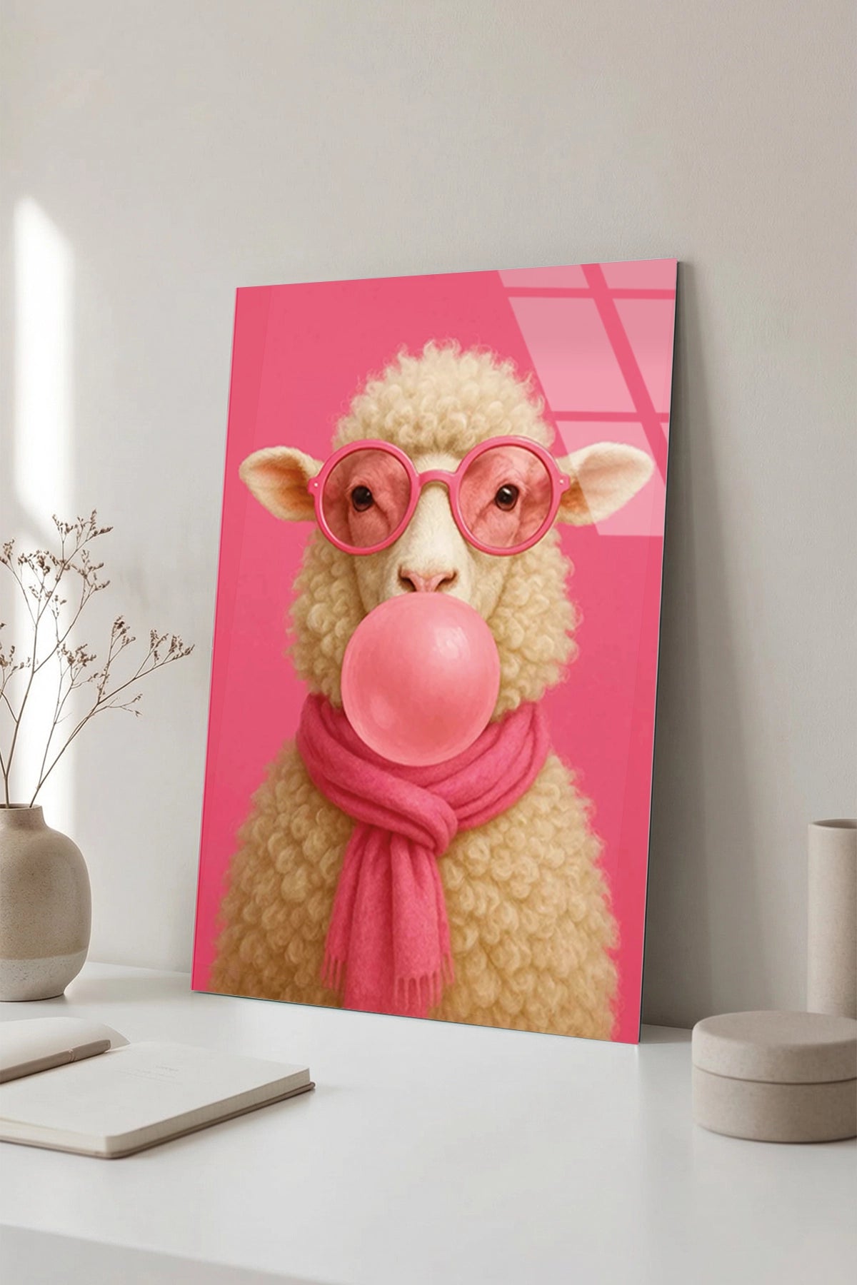 Pembe Gözlüklü ve Sakız Şişiren Tatlı Kuzu İllüstrasyonu Cam Tablo