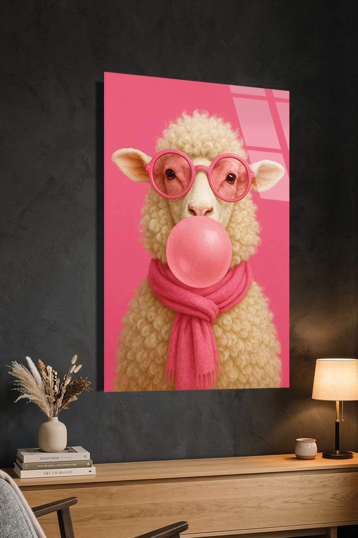 Pembe Gözlüklü ve Sakız Şişiren Tatlı Kuzu İllüstrasyonu Cam Tablo