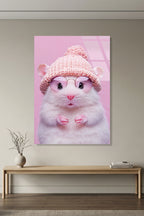 Pembe Gözlüklü ve Şapkalı Sevimli Hamster İllüstrasyonu Cam Tablo