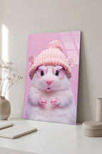 Pembe Gözlüklü ve Şapkalı Sevimli Hamster İllüstrasyonu Cam Tablo