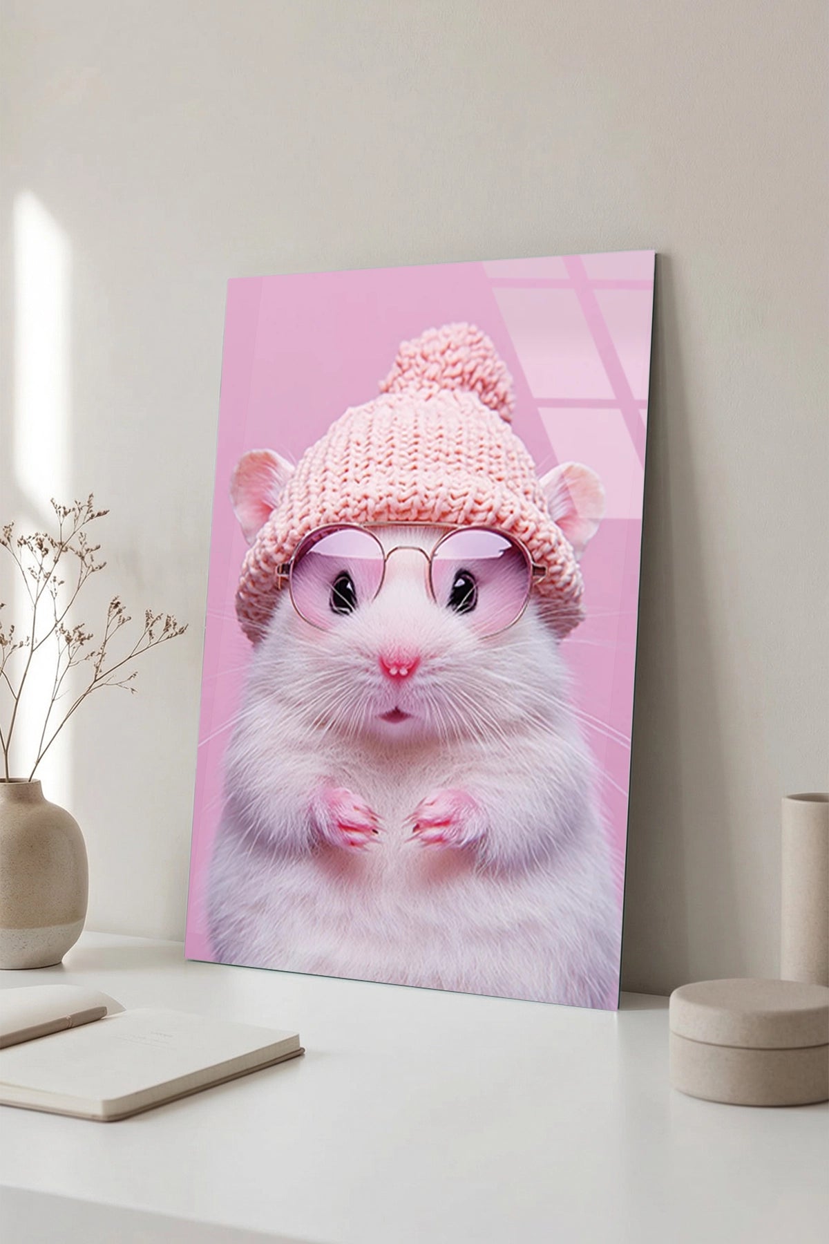 Pembe Gözlüklü ve Şapkalı Sevimli Hamster İllüstrasyonu Cam Tablo