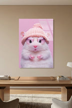 Pembe Gözlüklü ve Şapkalı Sevimli Hamster İllüstrasyonu Cam Tablo