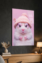 Pembe Gözlüklü ve Şapkalı Sevimli Hamster İllüstrasyonu Cam Tablo