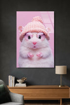 Pembe Gözlüklü ve Şapkalı Sevimli Hamster İllüstrasyonu Cam Tablo