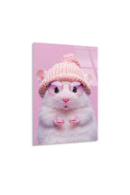 Pembe Gözlüklü ve Şapkalı Sevimli Hamster İllüstrasyonu Cam Tablo