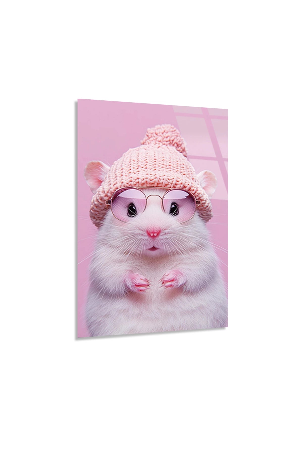 Pembe Gözlüklü ve Şapkalı Sevimli Hamster İllüstrasyonu Cam Tablo