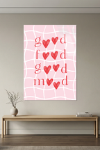 Pembe Izgara Desen Kalpli "Good Mood" Yazılı Cam Tablo