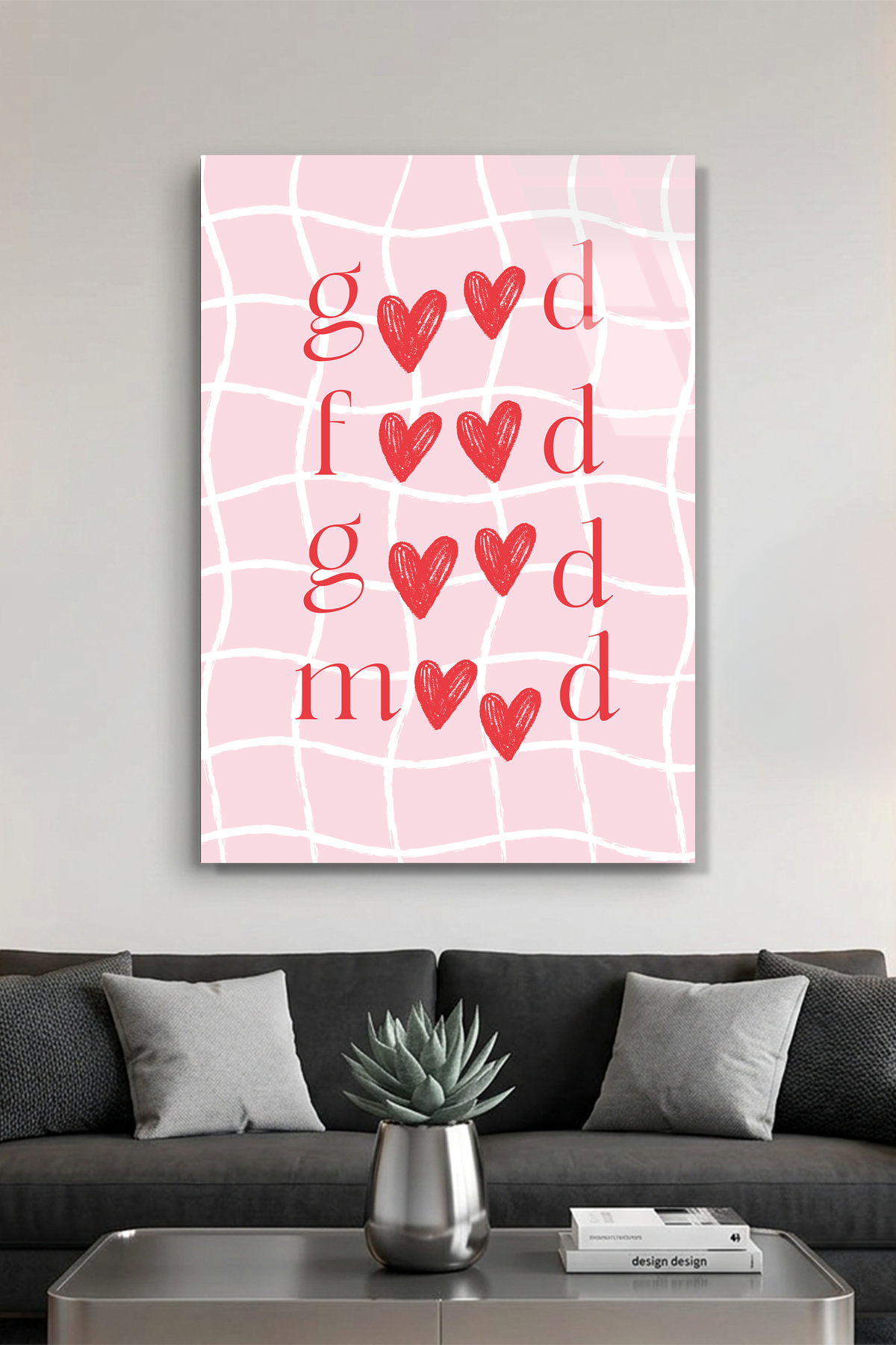 Pembe Izgara Desen Kalpli "Good Mood" Yazılı Cam Tablo