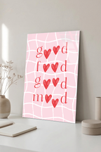 Pembe Izgara Desen Kalpli "Good Mood" Yazılı Cam Tablo