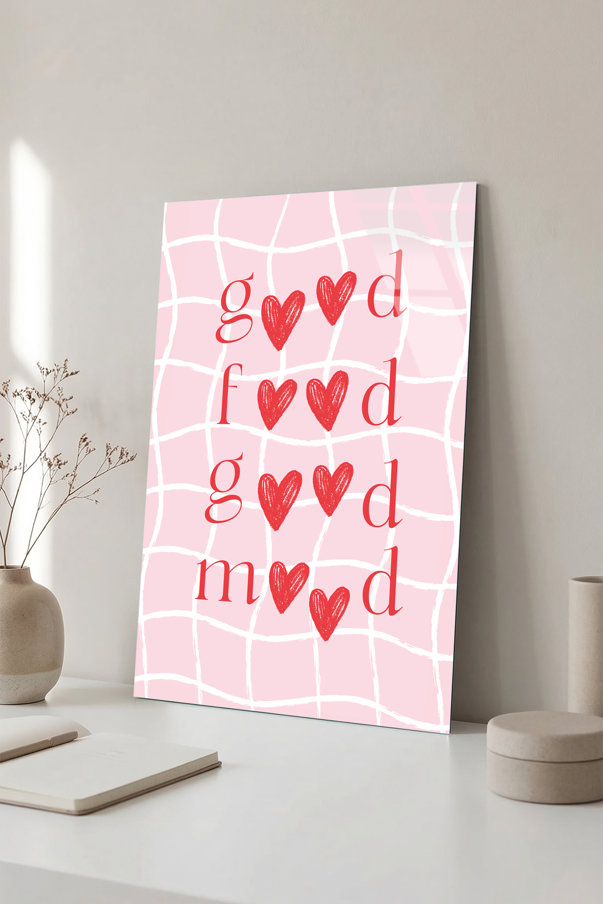 Pembe Izgara Desen Kalpli "Good Mood" Yazılı Cam Tablo