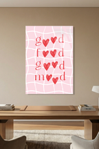 Pembe Izgara Desen Kalpli "Good Mood" Yazılı Cam Tablo