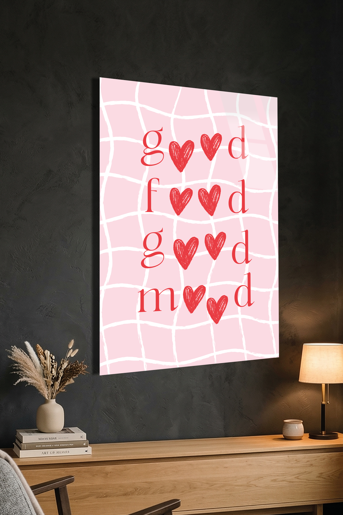 Pembe Izgara Desen Kalpli "Good Mood" Yazılı Cam Tablo