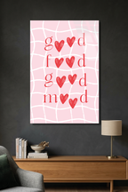 Pembe Izgara Desen Kalpli "Good Mood" Yazılı Cam Tablo